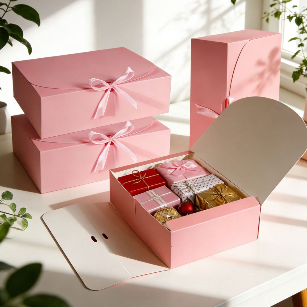 5個入り、おしゃれなピンク色のギフトボックス。サテンリボン付 - Event Party Box のレビューと価格